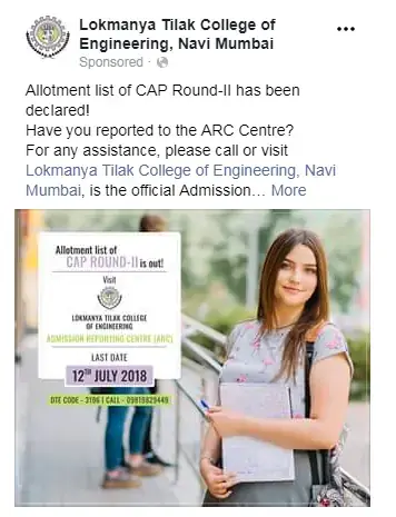Healthcare and engineering college brands Facebook & Instagram ads: LTCE Navi Mumbai — CAP round II allotment