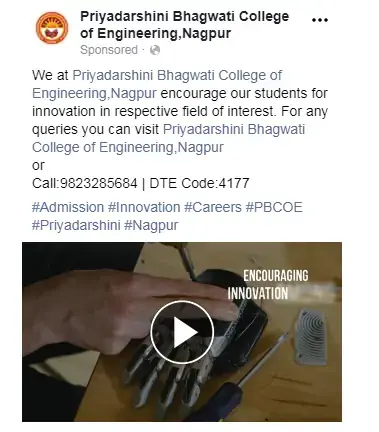 Healthcare and engineering college brands Facebook & Instagram ads: PBCOE Nagpur — innovation video ad