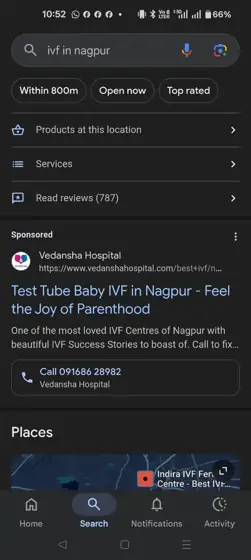 Healthcare brands in Nagpur Google Search ads: Vedansha Hospital — “ivf in nagpur”