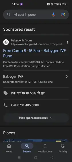 Healthcare brands in Nagpur Google Search ads: BabyGen IVF, Pune — free camp offer