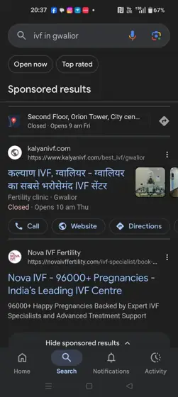 Healthcare brands in Nagpur Google Search ads: Kalyan IVF, Gwalior — Hindi ad copy