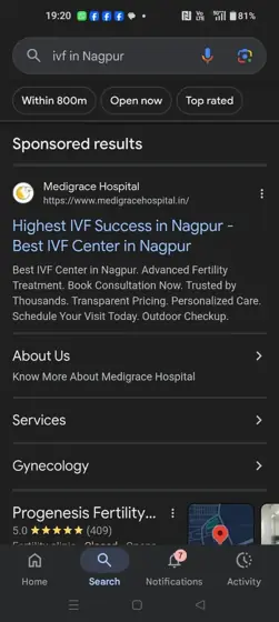 Healthcare brands in Nagpur Google Search ads: Medigrace Hospital, Nagpur