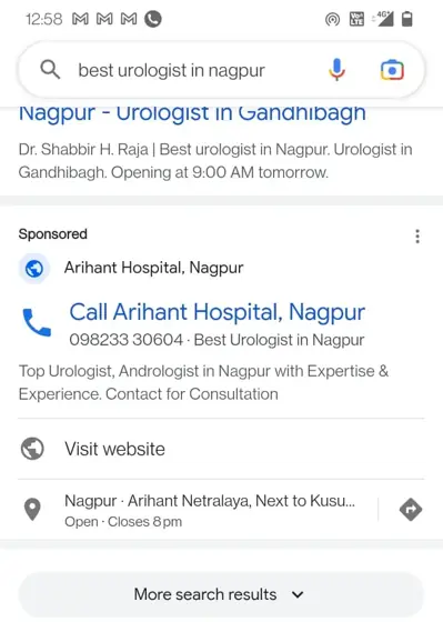 Healthcare brands in Nagpur Google Search ads: Arihant Hospital — “best urologist in Nagpur”